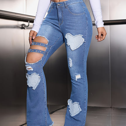 UNICORN Washed Distressed Holes Mid-high Waist Elastic Flared Jeans s m l xl xxl