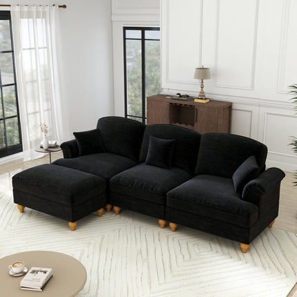UNICORN Modular Mid-Century L-Shaped 3-Seater Sofa with Chenille Upholstery & Spindle Legs Detachable Apron Panel & Movable Stool Retro Deep Seating Sectional Furniture No Assembly Required Multicolor Op