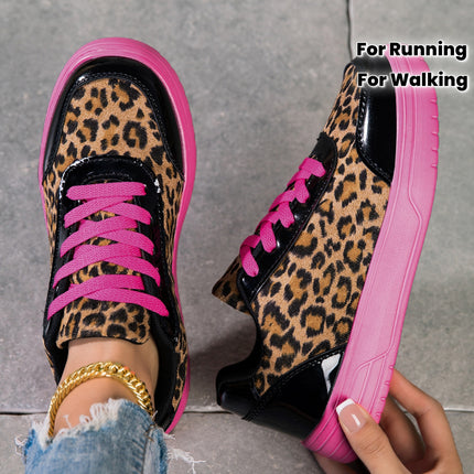 UNICORN Skate Shoes, Trendy Pink Leopard Print Wide-Toe Sports Shoes, Women'S