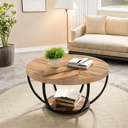 UNICORN 81.28cm Round Coffee Table with 2-Tier Open Storage Wood Grain and Black