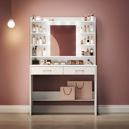 UNICORN Jewelry Cabinet with Mirror, Vanity Table with Shelves And 2 Drawers White