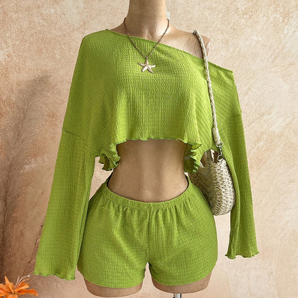 UNICORN Women's Fashion Striped  Shoulder Long-sleeve Top and Shorts Set xs s m l xl