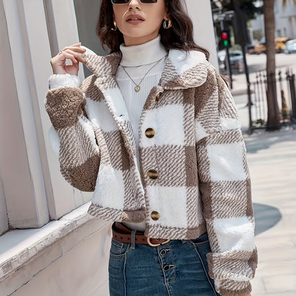 UNICORN Plaid Pattern Button Front Teddy Coat, Versatile Long Sleeve Winter xs s m l xl xxl