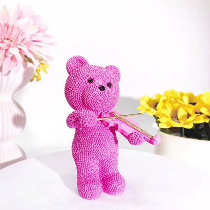 UNICORN Beaded Bear Violinist Statue Resin Music Decoration Pink Golden Silver