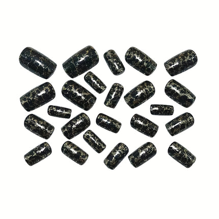 UNICORN 24 Medium Square Fake Nails, Black Golden Glitter Leopard Wear Armor Design