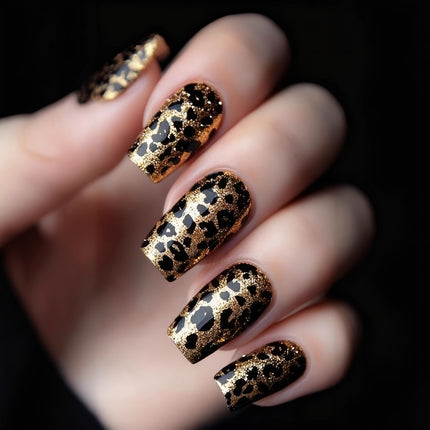UNICORN 24 Medium Square Fake Nails, Black Golden Glitter Leopard Wear Armor Design