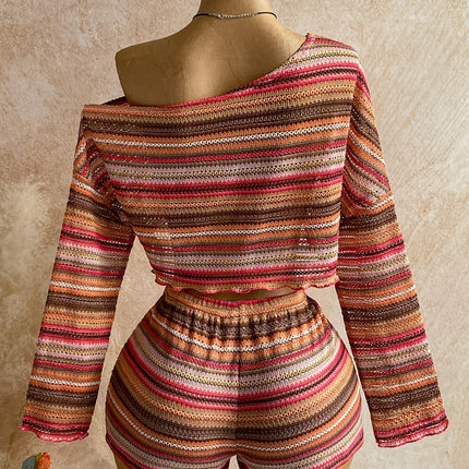 UNICORN Women's Fashion Striped  Shoulder Long-sleeve Top and Shorts Set xs s m l xl