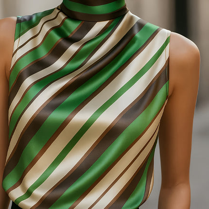 UNICORN Small Lapel Striped Print Satin Sleeveless Top Women's Blouse s m l xl xxl