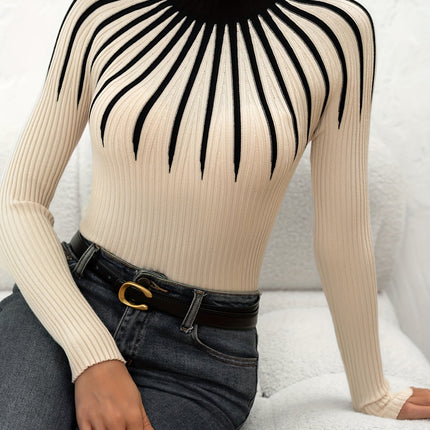 UNICORN Women's Color Block Ribbed Elegant Long Sleeve Pullover s m l xl xxl