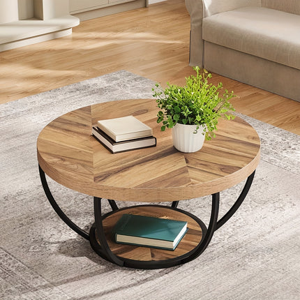 UNICORN 81.28cm Round Coffee Table with 2-Tier Open Storage Wood Grain and Black
