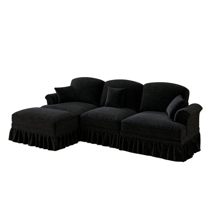 UNICORN Modular Mid-Century L-Shaped 3-Seater Sofa with Chenille Upholstery & Spindle Legs Detachable Apron Panel & Movable Stool Retro Deep Seating Sectional Furniture No Assembly Required Multicolor Op