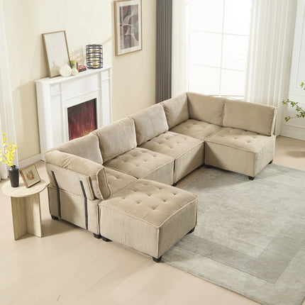 UNICORN Modern Modular 6-Seater Sofa Ergonomic Design with Storage Flexible U-Shaped L-Shaped Sofa Bed Configuration Stable Wooden and Metal Frame Easy Structure Khaki Color