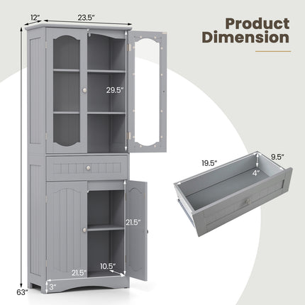 UNICORN Bathroom Storage Cabinet 2 Glass Doors, 2 Adjustable Shelves and 1 Drawer grey