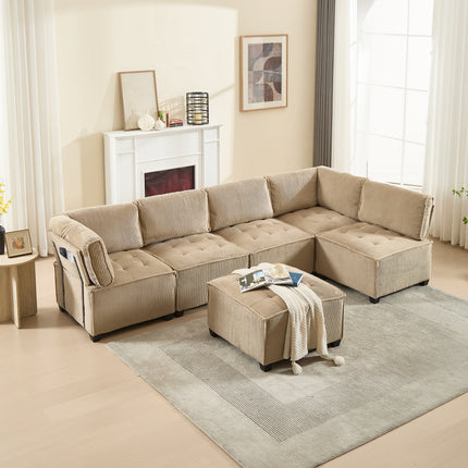 UNICORN Modern Modular 6-Seater Sofa Ergonomic Design with Storage Flexible U-Shaped L-Shaped Sofa Bed Configuration Stable Wooden and Metal Frame Easy Structure Khaki Color