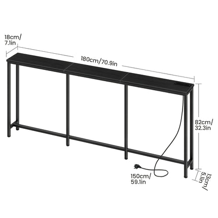 UNICORN Industrial Narrow Console Table with Charging Station & USB Ports Black Brown