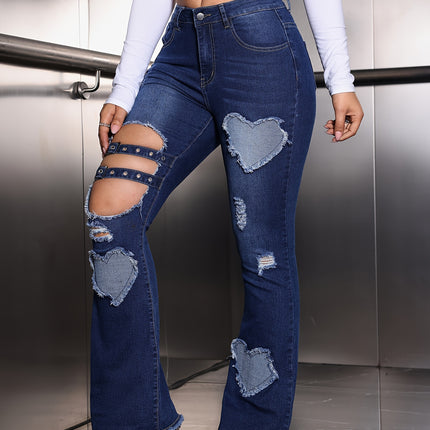 UNICORN Washed Distressed Holes Mid-high Waist Elastic Flared Jeans s m l xl xxl
