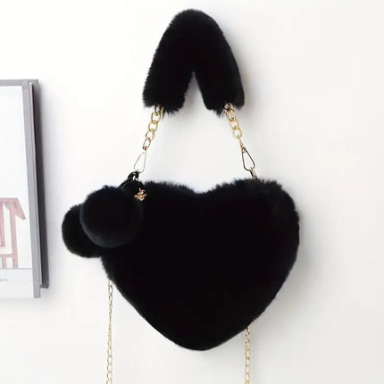UNICORN Hairy Love Wallet & Crossbody Bag Heart Fake Fur Purse with Chain Strap
