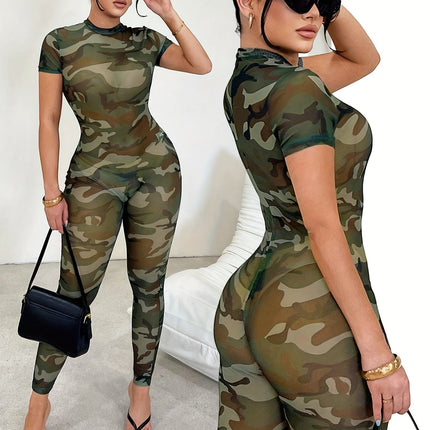 UNICORN Cross-border Women's Camouflage Print Mesh Sheer Jumpsuit s m l xl