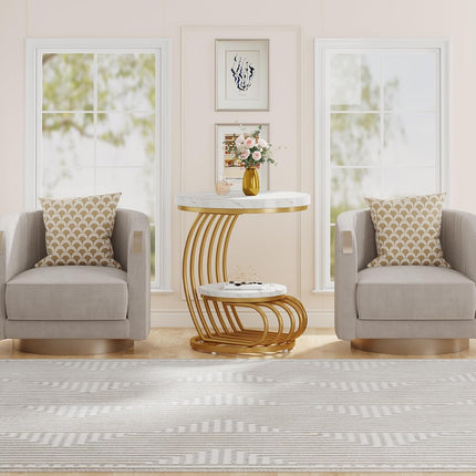 UNICORN Modern Gold Round End Table, White Gold for Living Room