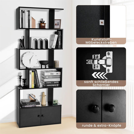 UNICORN Bookcase with Doors, 5-Tier Standing Shelf183 x 70 x 23 cm Black