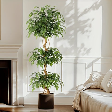 UNICORN Artificial Ficus Tree, Curved Tree Trunk, 180cm Large Artificial Plant with White Pot