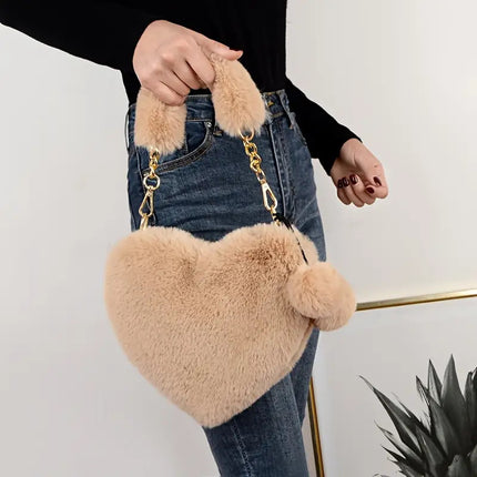 UNICORN Hairy Love Wallet & Crossbody Bag Heart Fake Fur Purse with Chain Strap