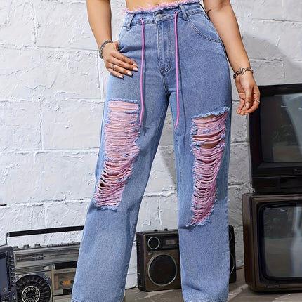 UNICORN Women's Ripped Fashion Jeans with Drawstring Waist xs s m l xl