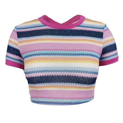 UNICORN Colorful Striped T-Shirt Cross Neck Hollow Out Crop Top xs s m l