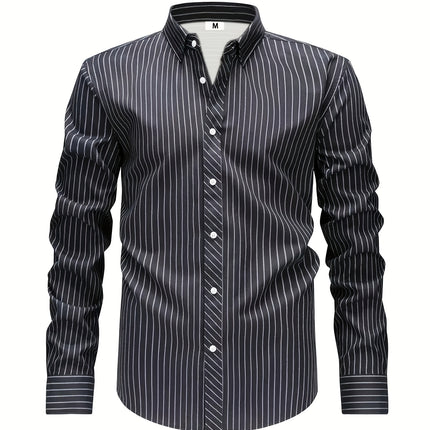 UNICORN Men's Long Sleeve Notch Lapel Button Shirt with Fine White Stripes s m l xl xxl