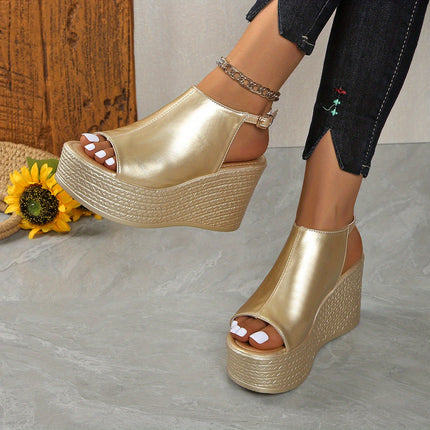 UNICORN Women'S Metallic Golden Slip-On Wedge Sandals Open-Toe