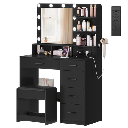 UNICORN Dressing Table with 10 LED Lights, Stool, Hairdryer Holder Black