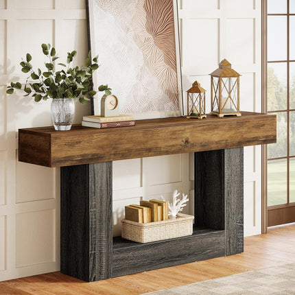 UNICORN 63-Inch Extra Long Farmhouse Console Table - 2-Tier Rustic Brown Wood