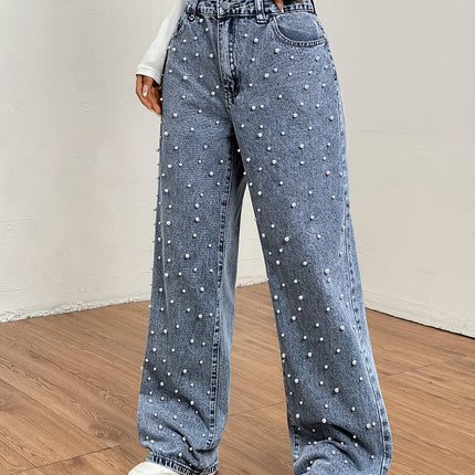UNICORN Women Wide-Leg Jeans with Pearl Design Blue s m l xl