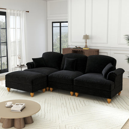 UNICORN Modular Mid-Century L-Shaped 3-Seater Sofa with Chenille Upholstery & Spindle Legs Detachable Apron Panel & Movable Stool Retro Deep Seating Sectional Furniture No Assembly Required Multicolor Op
