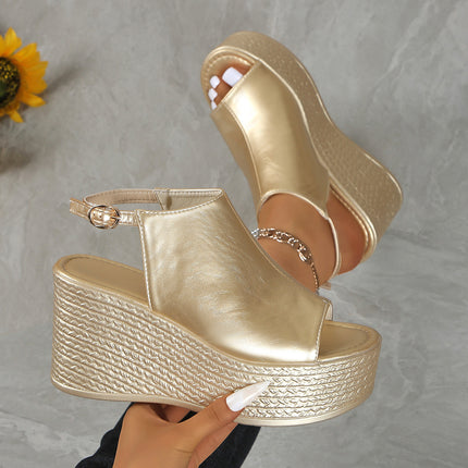 UNICORN Women'S Metallic Golden Slip-On Wedge Sandals Open-Toe