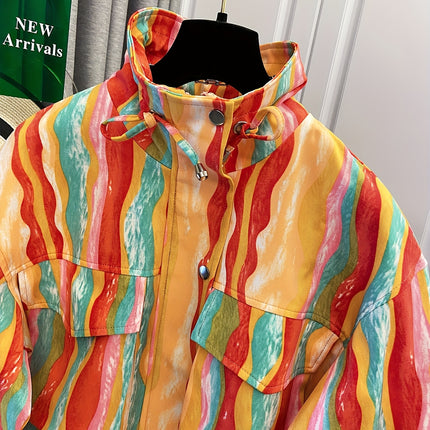 UNICORN Women's Colorful Print Drawstring Pocket Short Jacket Loose Versatile s m l xl