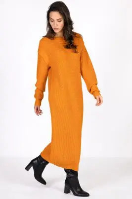 UNICORN Women's long dress rib knitted long sleeves orange khaki green xs s m l xl