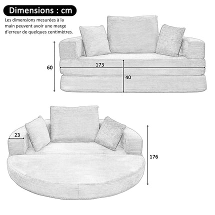 UNICORN Multifunctional Freestanding Foldable Sofa Bed Boneless Couch Oval Bed with Cushions, Modular Sofa Cord Fabric Cover (173 x 176 cm) Suitable for Apartments Living Room Bedroom