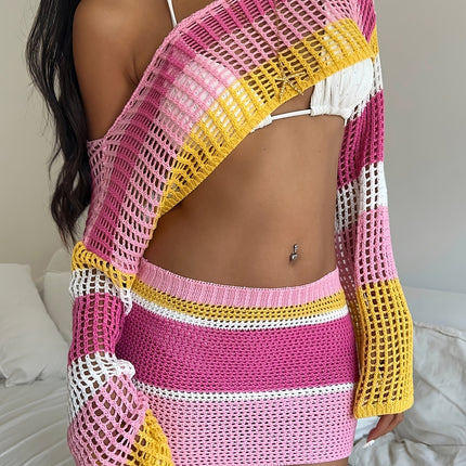 UNICORN Party Dating Rainbow Striped Long Sleeve Hollow Top + Skirt Two-Piece Set s m l