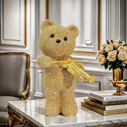 UNICORN Beaded Bear Violinist Statue Resin Music Decoration Pink Golden Silver