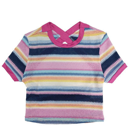 UNICORN Colorful Striped T-Shirt Cross Neck Hollow Out Crop Top xs s m l
