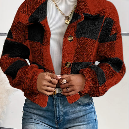 UNICORN Plaid Pattern Button Front Teddy Coat, Versatile Long Sleeve Winter xs s m l xl xxl