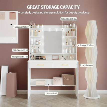 UNICORN Jewelry Cabinet with Mirror, Vanity Table with Shelves And 2 Drawers White