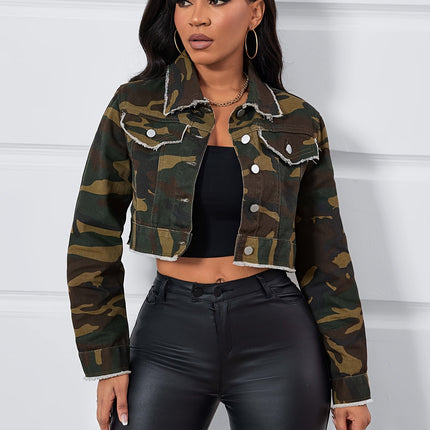 UNICORN Camo Print Raw Hem Cropped Denim Coats, Long Sleeve Denim Jackets xs s m l