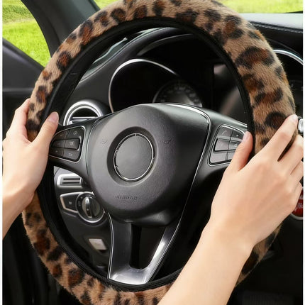 UNICORN Leopard Print Plush Car Steering Wheel Cover Brown