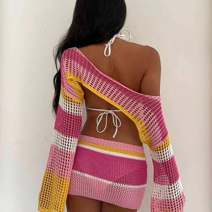 UNICORN Party Dating Rainbow Striped Long Sleeve Hollow Top + Skirt Two-Piece Set s m l