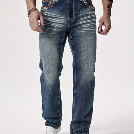 UNICORN Men'S Thick Line Embroidered Stretchy Washed Denim Pants s m l xl xxl
