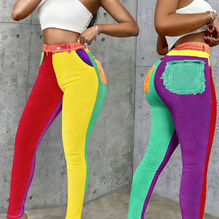 UNICORN Women's Fashion Imitation Denim Color Block Skinny Pants s m l xl