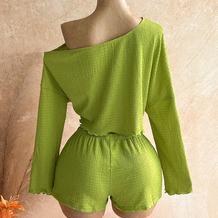 UNICORN Women's Fashion Striped  Shoulder Long-sleeve Top and Shorts Set xs s m l xl