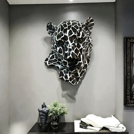 UNICORN Black And White Patterned Leopard Head Wall Sculpture in Art Deco Style